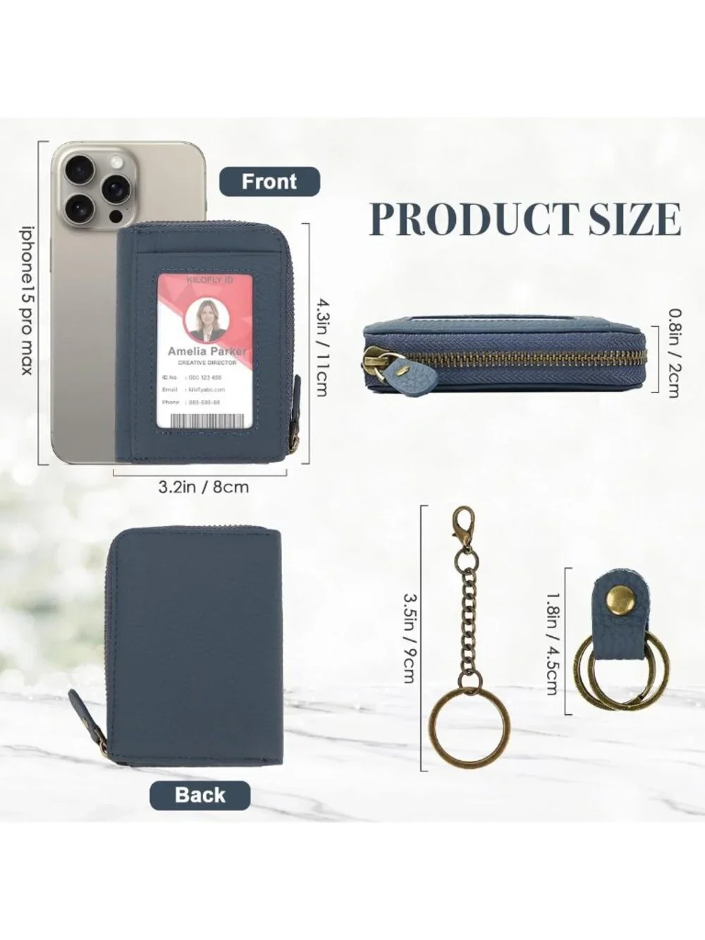 Genuine Leather Card Holder Wallet with Keychain & Cable Organizer - Stylish